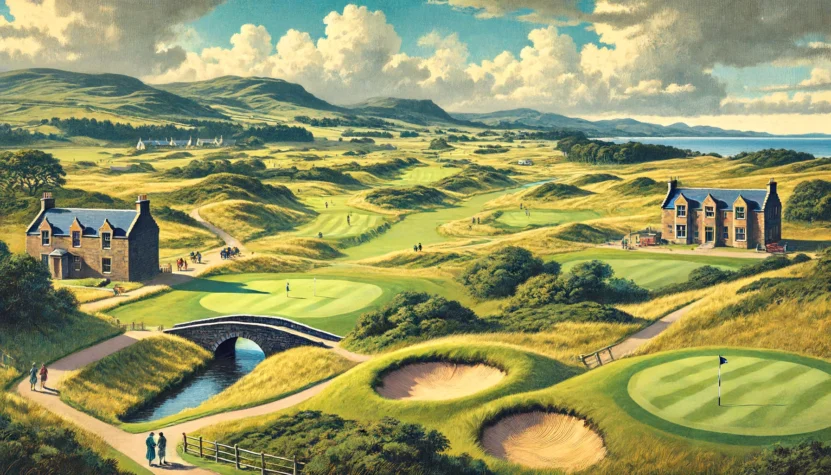 A detailed view of a golf course in Scotland.