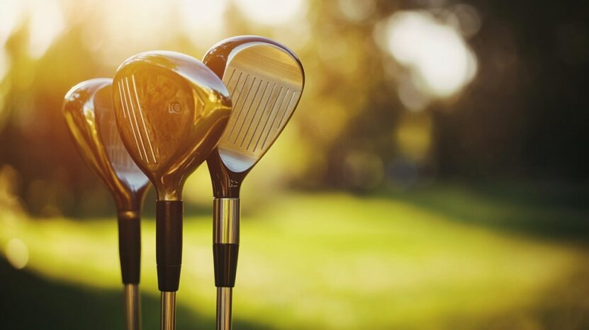 A close-up of three polished golf club heads shining in the sunlight on a green golf course