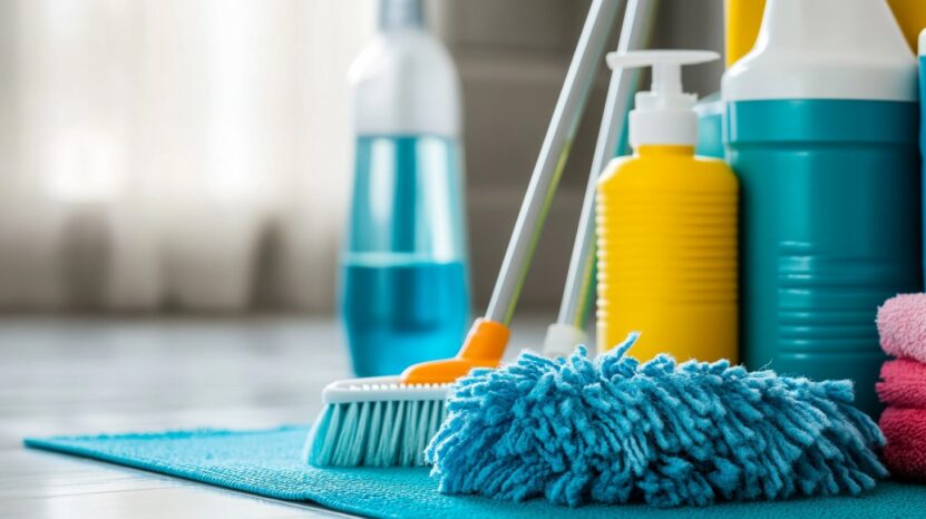 A collection of cleaning supplies, including brushes, bottles, and microfiber cloths, arranged on a blue mat