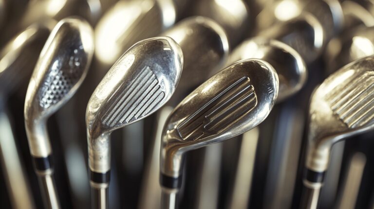 A close-up of polished golf club heads, reflecting light, arranged in a row